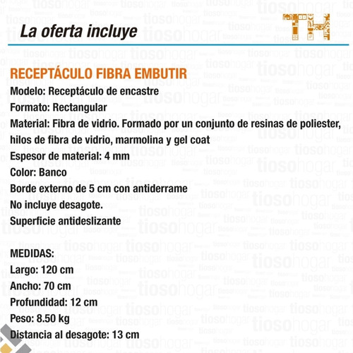 Imagen 5 de 10 de Receptaculo Ducha Rectangular Plato 120x70 Cm Anti Envio