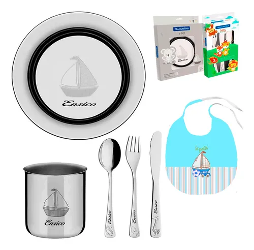 Kit Prato Caneca Talheres Inox Infantil Nome Gravado Laser