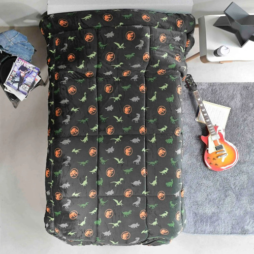 Kit Acolchado Flannel + Juego De Sabanas Piñata 1 1/2 Plaza Verde Dinosaurio