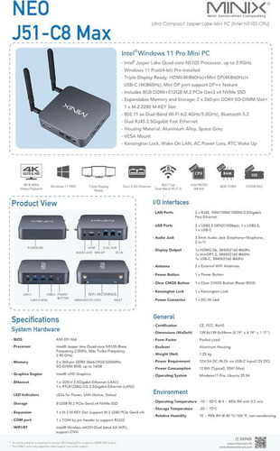 Minix Neo J51-c8 Max Mini Computadora, M.2 Pcie Nvme Ssd Win