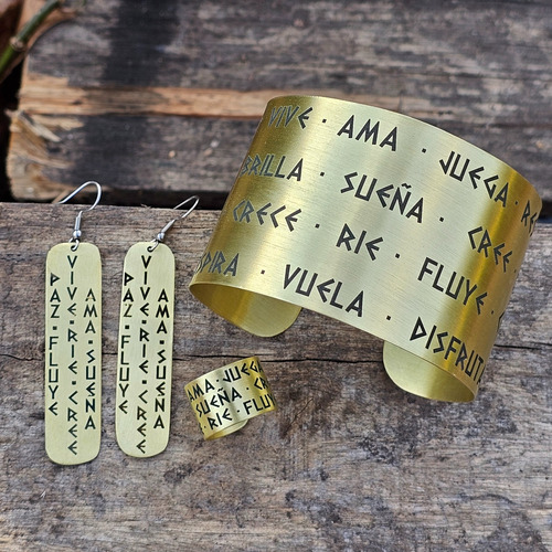 Brazalete Esclava Buenas Vibras Regulable Palabras Positivas Dorada Latón 15 Cm 15 Cm