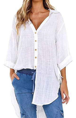 Camisa Larga De Mujer Casual Con Botones Sueltos A La Moda