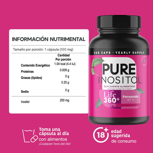 Imagen 4 de 5 de Inositol De 360 Capsulas 360 Dias | Life Pure Inositol 360+ Sabor Sin Sabor (360 Capsulas)
