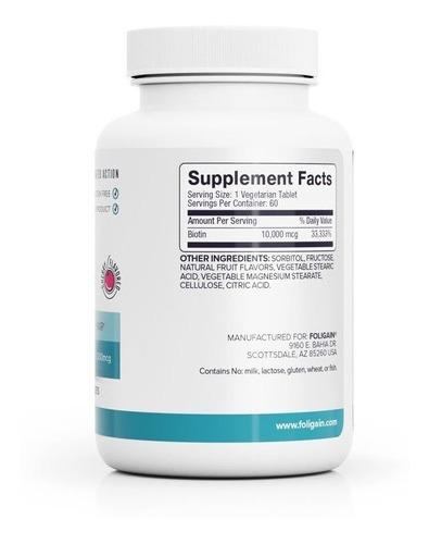 Foligain Biotina / Biotin Para Engrosamiento Del Cabello 10,000mcg Rápida Disolución Sabor A Cereza 60 Tabletas Comprimidas Vegetarianas