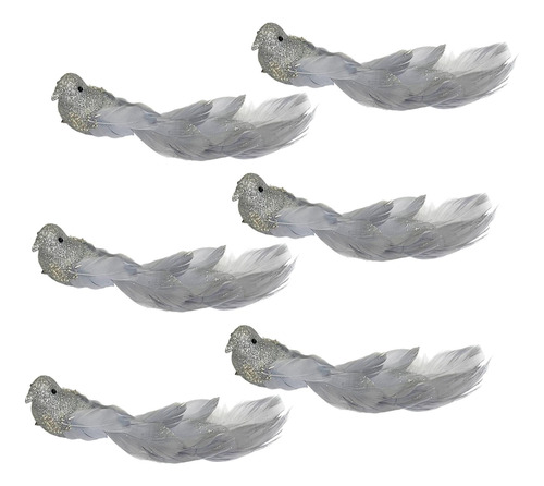 6x Mini Pájaros Artificiales De Espuma Con Clip, Plata