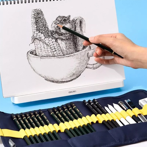 Set Dibujo Artistico 27 Piezas Lapices Grafito Gomas Arte Trazo Azul