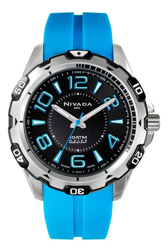 Reloj Nivada Sportman Unisex , Caucho Azul, Arábigos Correa Azul claro Bisel Plateado Fondo Negro