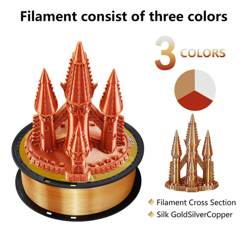 Filamento Tri-color Silk Pla Golden /silver/ Copper Kingroon