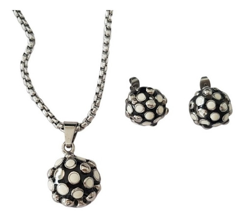 Conjunto Cadena Dije Acero Quirurgico + Aros Bolita Fuego Color Plateado
