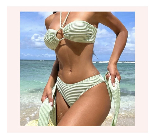 Traje De Baño Tipo Bikini Halter Liso De 3 Piezas Para Mujer