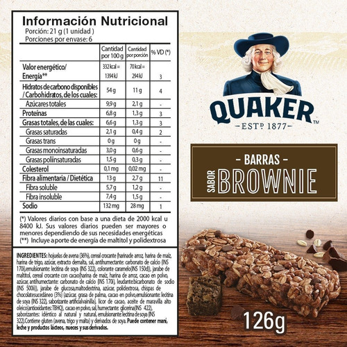 Imagen 2 de 2 de Barras De Cereal Quaker Brownie 126 Grs - 6 Unidades