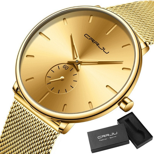 Reloj Crrju Mesh Belt analógico impermeable para hombre, color de fondo dorado