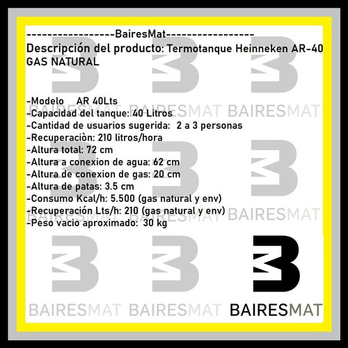 Imagen 2 de 5 de Termotanque Heineken 40lts Gas Natural Ar-40 5500 Kcal/h