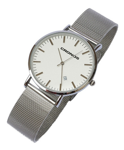 Reloj Cronos Tempus Silver Fecha A.inox Ultra Fino Resist A Malla Plateado Bisel Plateado Fondo Blanco
