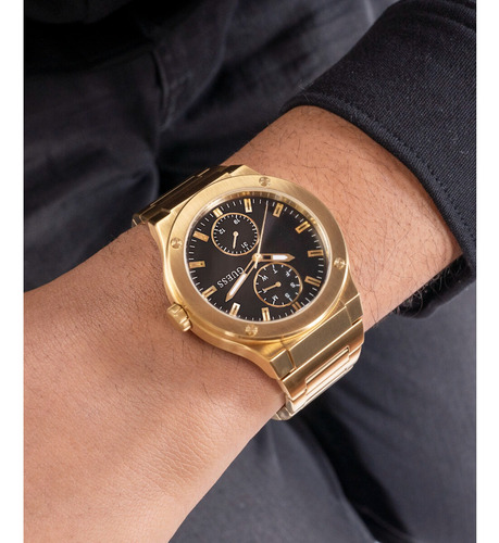 Reloj Guess Jet Acero Inoxidable Hombre Correa Dorado Bisel Dorado Fondo Negro