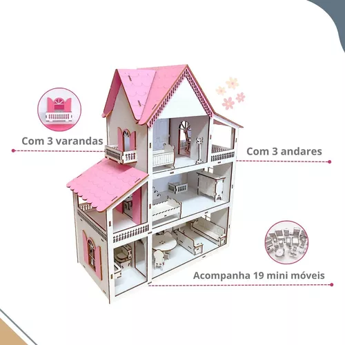 Casinha Boneca Mdf Cores + Kit 19 Mini Móveis Com Parquinhos