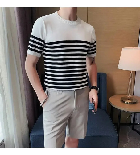 Camiseta De Manga Corta De Punto A Rayas Para Hombre - Top M