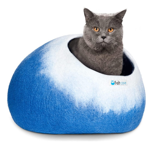 Cama Tipo Cueva Mediana Para Gatos Azul Y Blanco Lana Merino