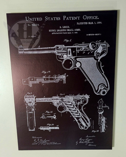 Cuadro Deco United States Patent Luger 29x40 Pistola Gun