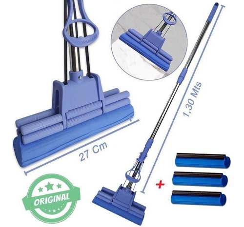 Mop Rodo Mágico Original Rodo mágico esfregão espuma pva original com 3 refis extra Azul