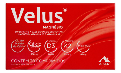 Velus Suplemento Alimentar Magnésio Com 30 Comprimidos Apsen Sem Sabor