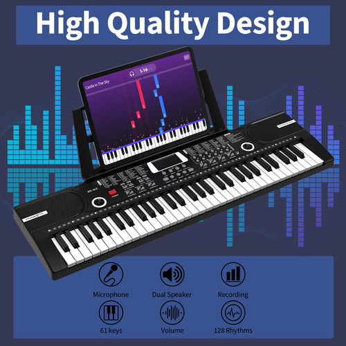 Piano Digital Electrónico De 61 Teclas Con Micrófono Y Sopor Black