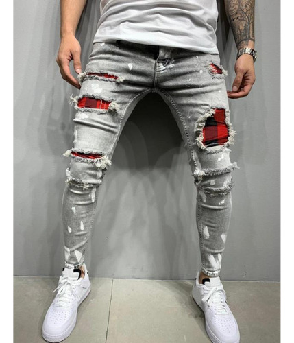 Jeans Ajustados Rasgados Para Hombres Moda Callejera Retro