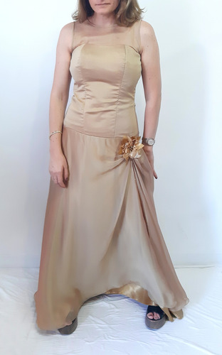 Vestido Fiesta Raso Tornasol Y Gasa Dorado Pechera Corset (Usado)