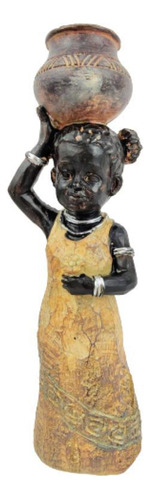 Enfeite Estátua Africana Com Vaso Na Cabeça 25x8x6cm Resina