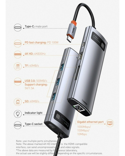Hub Adaptador Usb 3.0 Tipo C 8 Em 1 Com Hdmi 4k 5gbps Baseus