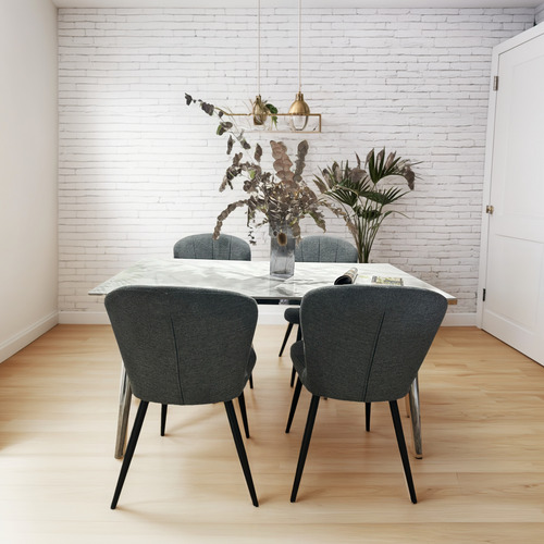 Juego Comedor Bulnes Neolith Cromo 180 + 6 Sillas Panama Gris Oscuro Chenille