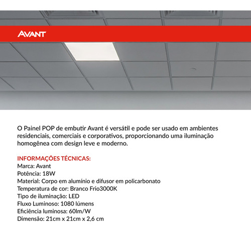 Painel Led Pop Quadrado Embutir 18w 3000k 21x21 Br Avant Estrutura Branco quente 127/220V
