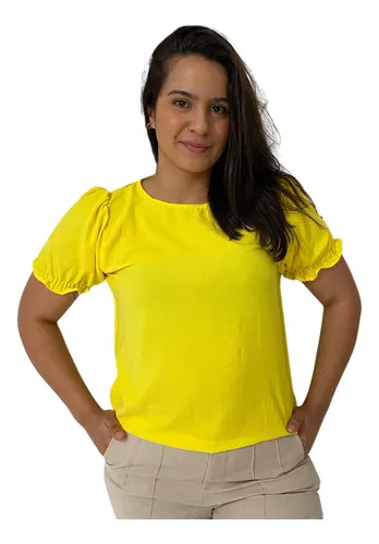 Camisa Social Feminina Amarela Manga Curta
