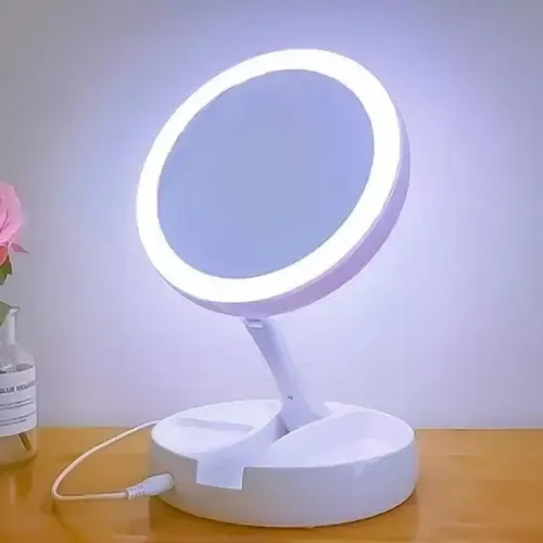 Espelho Dobravel Maquiagem Dupla Face Aumento 10x Led E Organizador Linha House Branco