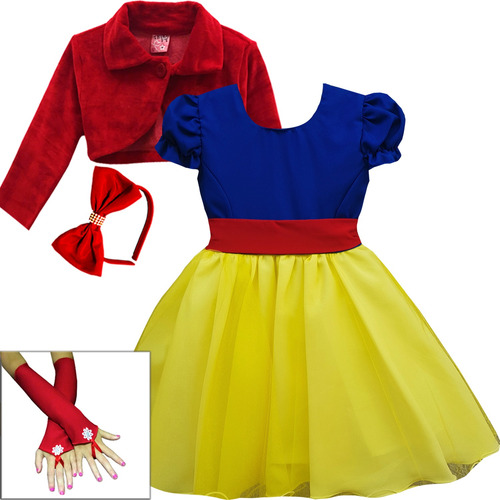 Vestido Princesa Branca De Neve Infantil Tiara Maçã E Bolero