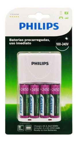 Carregador De Pilhas Philips Com 4 Aa Recarregáveis 2450 Nfe