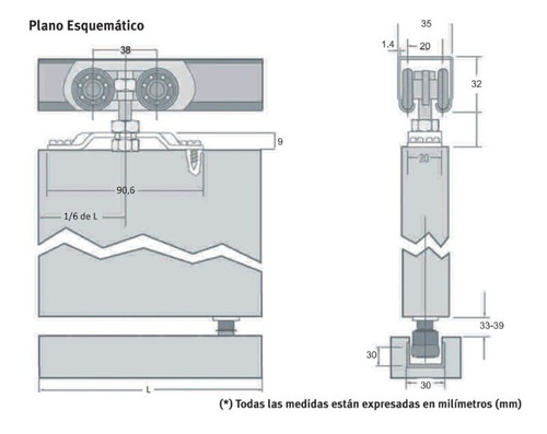 Kit Carro Rueda Puerta Pesada D-100 + 2 Rieles U-100 1,20