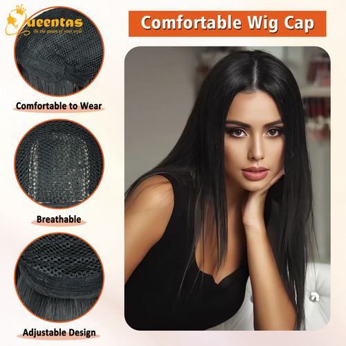 Peluca De Pelo Natural Negro Largo Y Liso Para Mujer Tamaño De La Base M