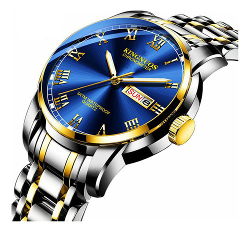Reloj De Cuarzo Inoxidable Kingnuos Business Calendar Fondo Azul