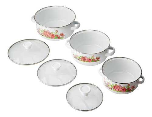 Imagen 3 de 9 de Set De 3 Ollas Tapa Cristal Porcelanadizado Hot Spot Vintage