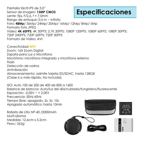 Imagen 6 de 6 de Videocamara 4k Vak 03 Zapata 30mp Pantalla Ips 3' Hdmi 128gb