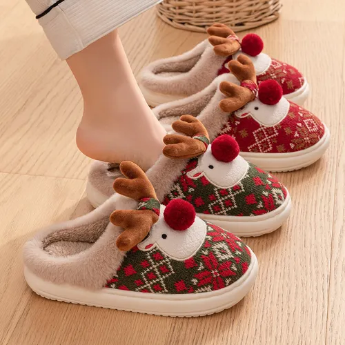 Zapatillas De Algodón De Alce Navideño For Mujer, Zapatos