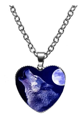 Collar Dije Cristal Corazón Galaxia Lobo Color Plata Mujer