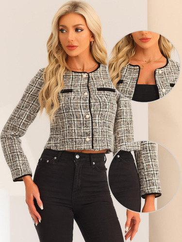 Chaqueta De Tweed Mujer Abrigo Informal Con Cuello Redondo