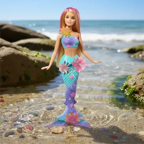 Barbie Sirena Mágica De Flores Con Efecto Floreciente, Cola Degradada, Diadema De Perlas Y Cabello Rubio Con Mechas Rosas, Para Niños De 3+ Años