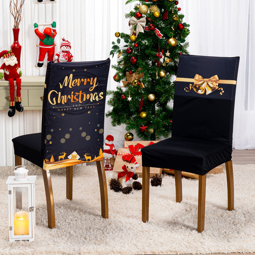 Kit Capas De Cadeira Estampadas Ano Malha Elástico 6 Pç Cor Christmas Gold