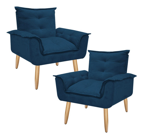 Kit 02 Poltronas Opala Decorativa Cores Pés Palito Cor Azul-marinho Desenho Do Tecido Liso