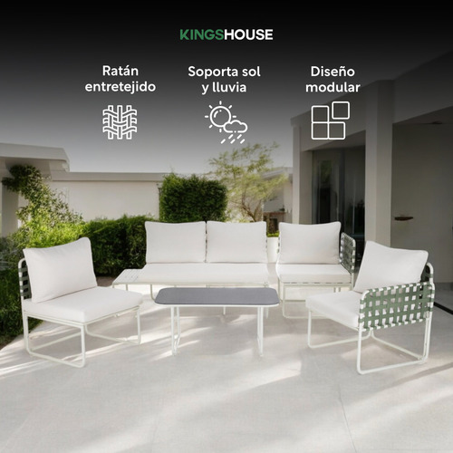 Juego De Sala L sunset Ratán Sofá Seccional Para Exterior Jardín Color Verde Con cojines Y Mesa De Centro 5 piezas Mueble De Patio Terraza Balcón Kingshouse