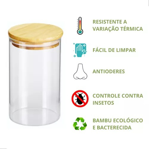 Kit 3 Potes 600ml Bambu Hermético Vidro Temperos Mantimentos