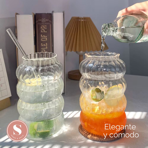 Set 2 Vasos Alto Diseño Ondas Bebida Vidrio 800 Ml Bombilla